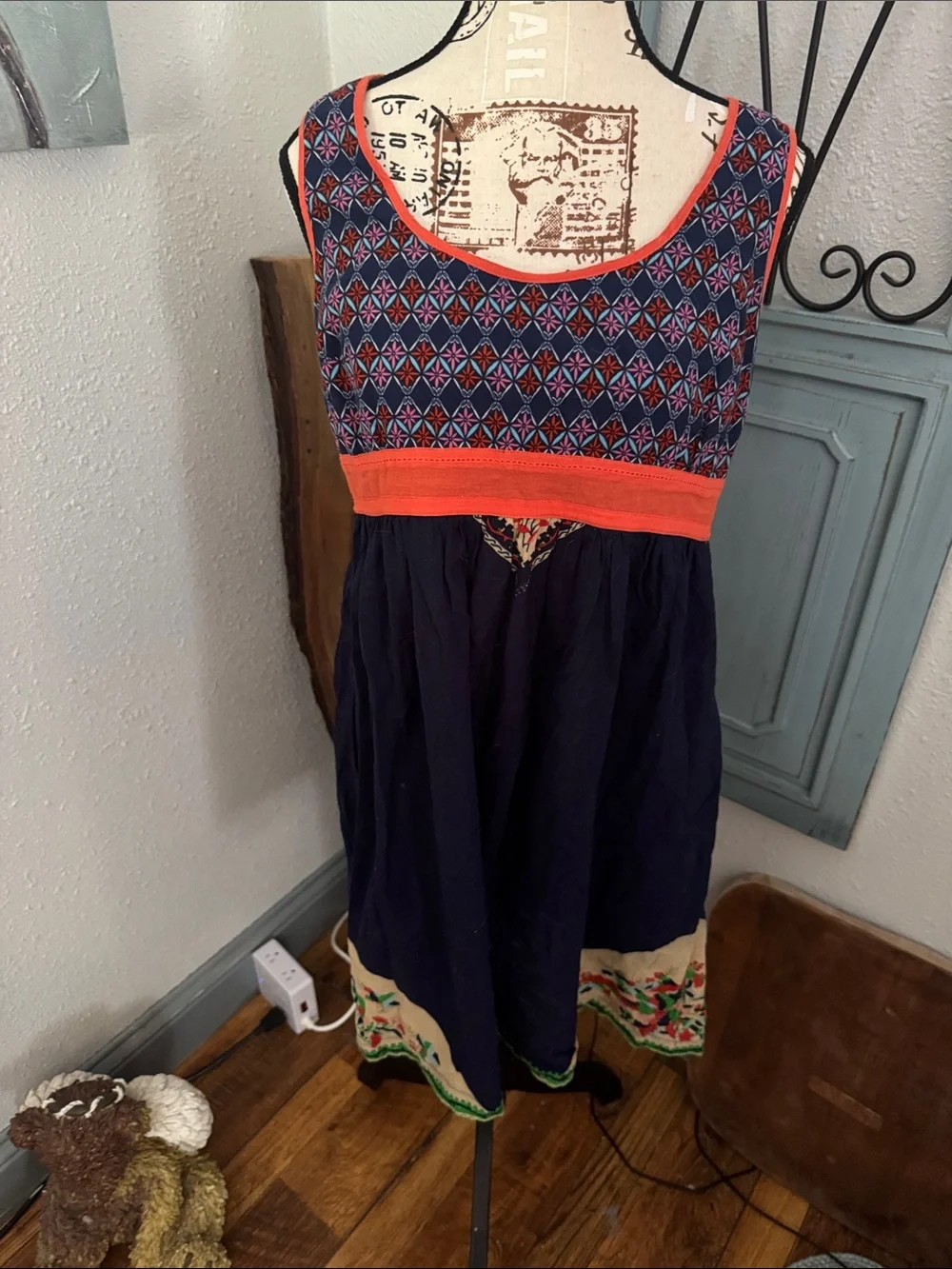 Ecote Navy and Coral Patterned Casual Dress